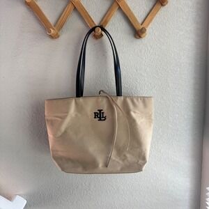 Lauren Ralph Lauren Tan Canvas Tote Bag Black Straps Embroidered RLL Logo